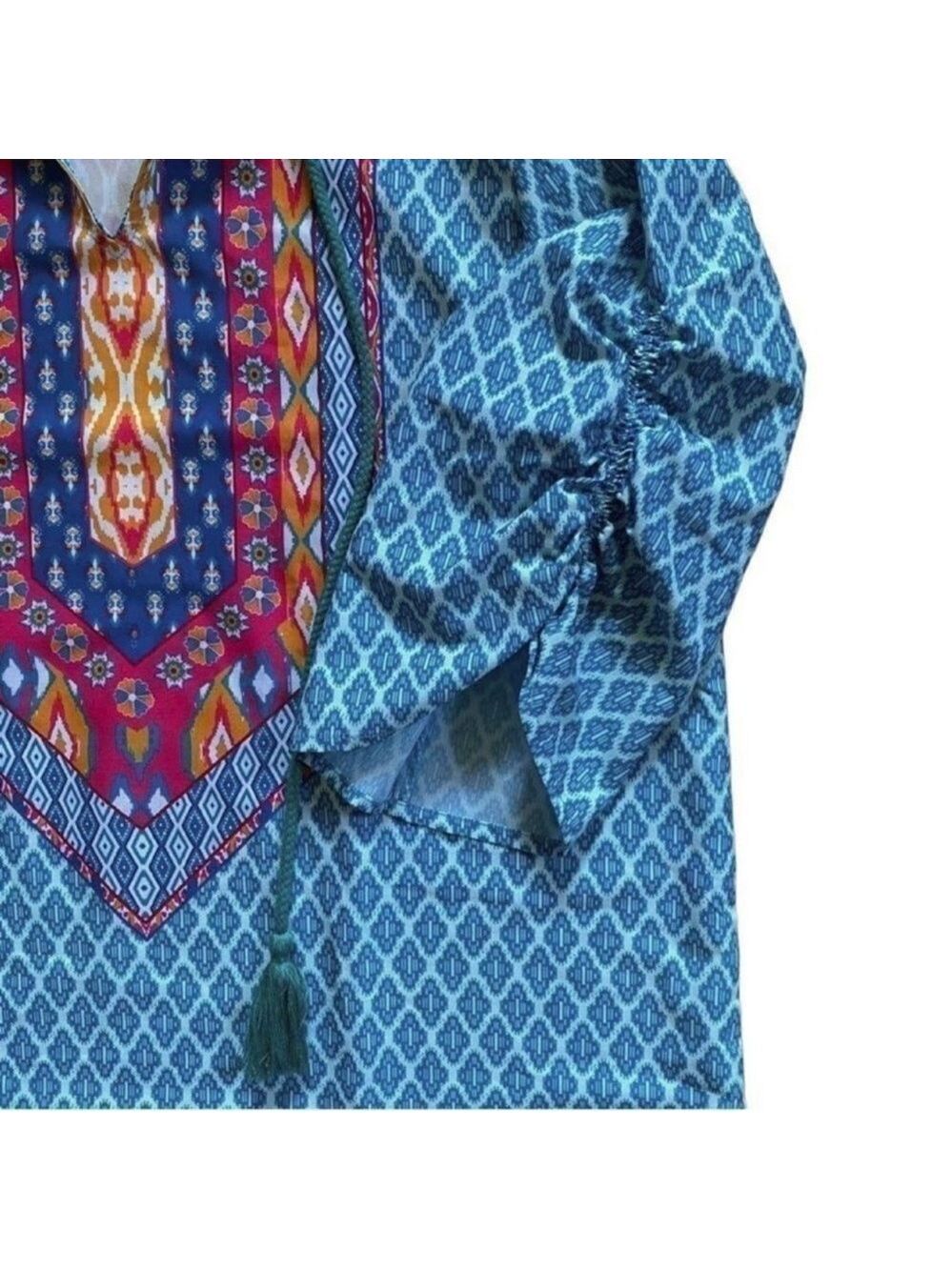 Urban Coco Blue Multicolor Ruche Sleeve Swim Coverup Dress with Tassels Medium - Picture 7 of 14